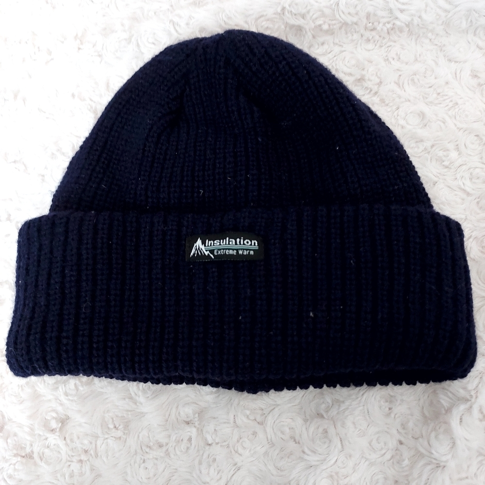 Thick Knit Insulated Navy blue lined beanie cap Snow Ski Cold Winter Outdoor